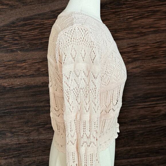 Mabel Lacy Knit Cropped Cardigan Sweater Sz L Ivory Button Up w Balloon Sleeves - Picture 5 of 10